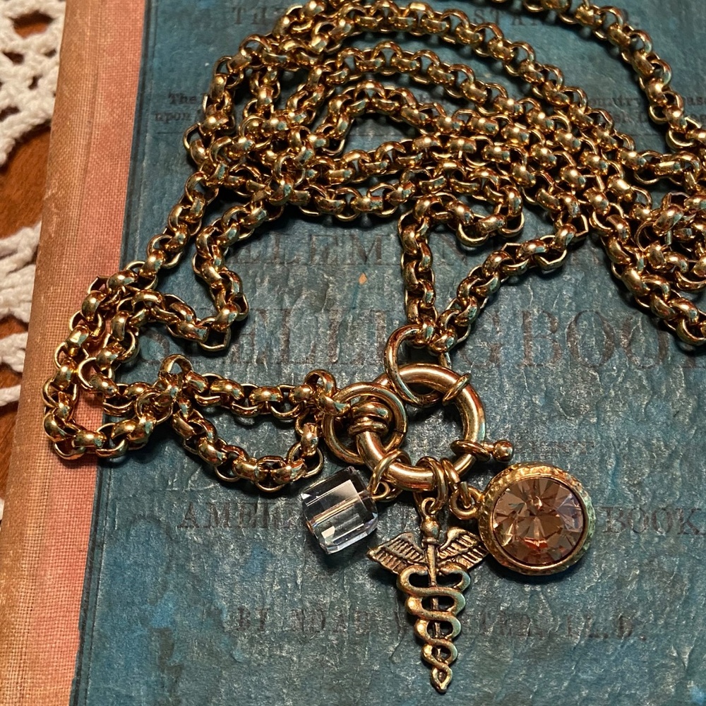 3 Charm Necklace, Antiqued Gold tone, Two lengths
